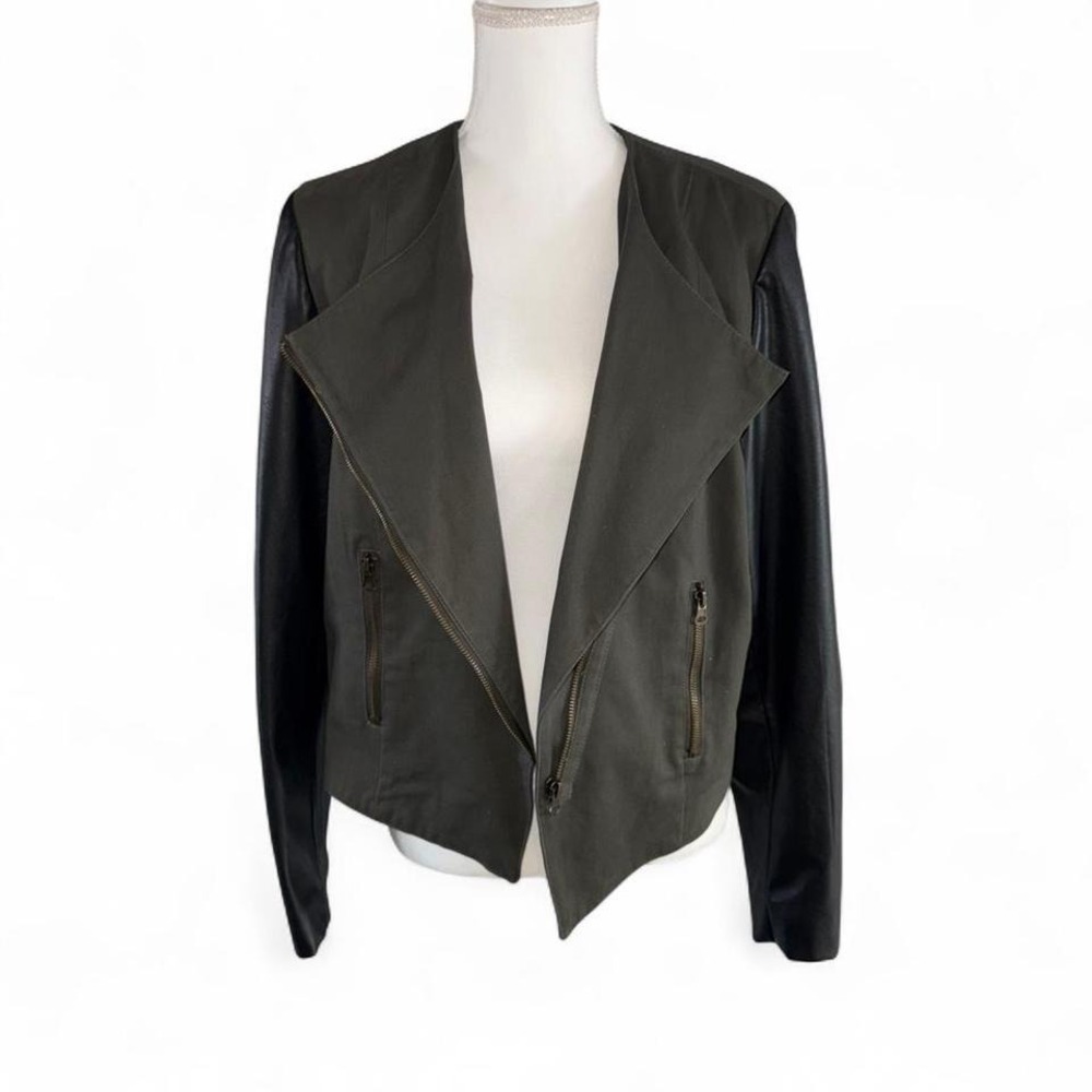Olive Green w/Black Faux Leather Sleeves Y2K Biker Style Jacket Ladies 18/20